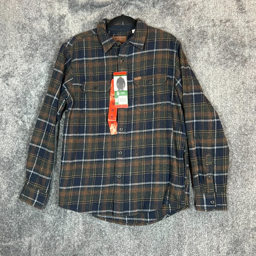 Orvis Plaid Casual Button Down Shirt Navy Olive Brown